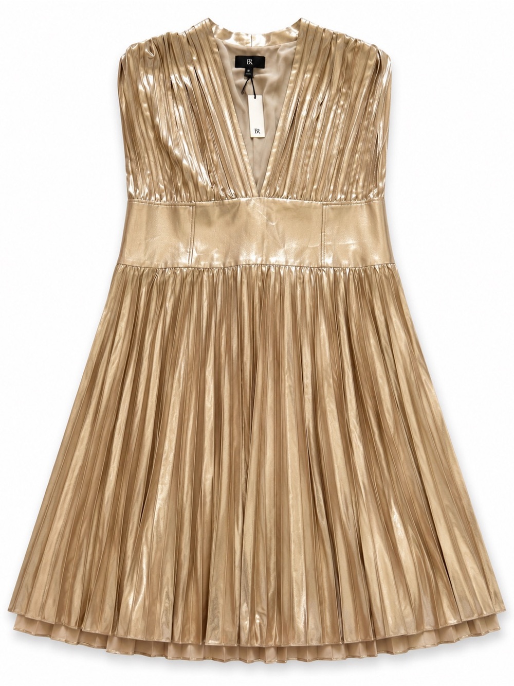 Banana Republic Metallic Gold Pleated V-Neck Mini Dress